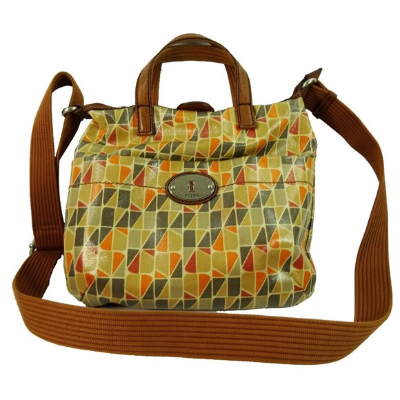 Fossil Key-Per Crossbody Tote Bag Geometric Print Coated Canvas Retro Style - Picture 1 of 12